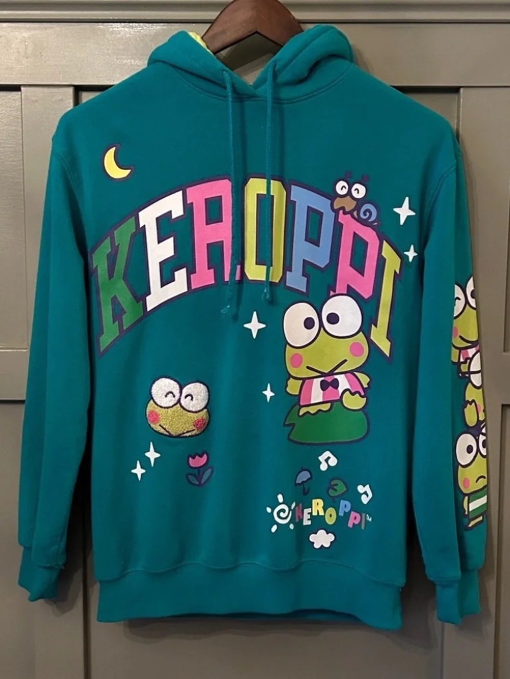Sanrio Keroppi Graphic Hoodie Sweatshirt Fuzzy Lined Green Oversized Size XS - Picture 4 of 9